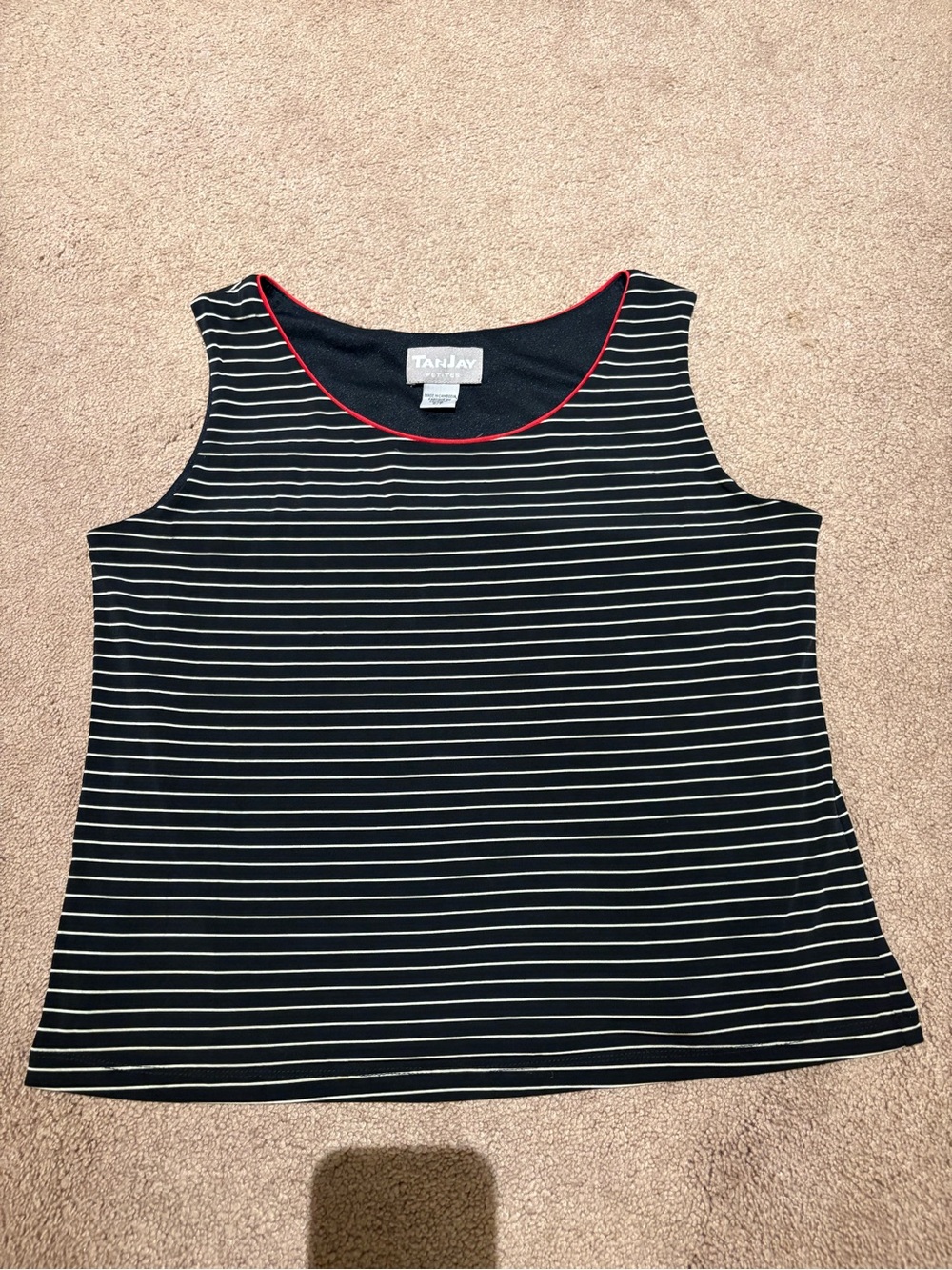 TanJay Black & White Striped Tank with Red Neckline size small